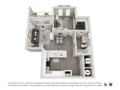 Floor plan for 1 bed, 1 bath, 733 sqft